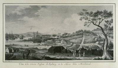MALASPINA, Alejandro (1754-1809). Navigateur et explorateur italo-espagnol.; BRAMBILA, Fernando (1763-1834). Peintre. Australie (18e siècle). Colonie anglaise de Nouvelle-Galles du Sud. Dessin de Fernando Brambila illustrant l