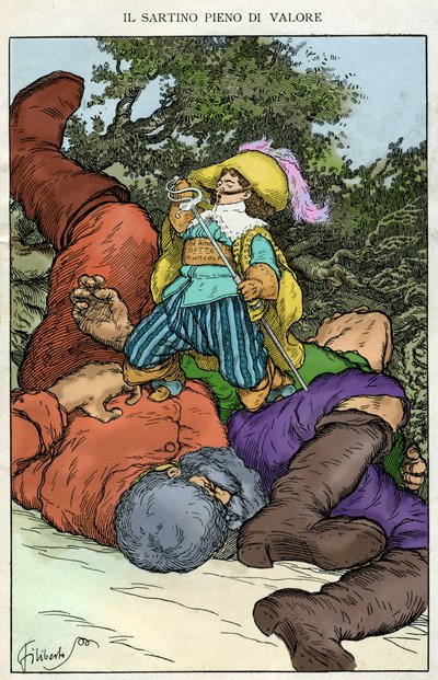 "Preparons la comedie dit - il" . Illustration de Filiberto Scarpelli pour le conte "Le vaillant couturier " tire d