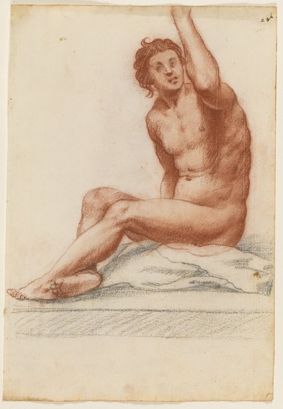 Figure Masculine Tournée vers la Gauche, le Bras Gauche Levé, Assis sur un Tissu - Filippo Esegrenio