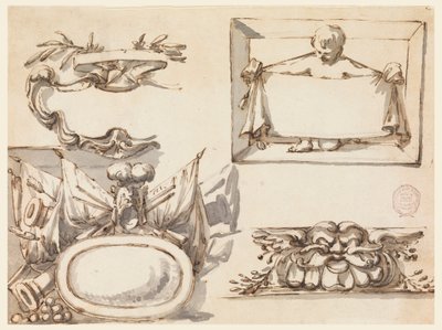Dessin, Un écusson, un trophée, une étiquette, un motif décoratif pour une frise, 1750-75 - Filippo Marchionni