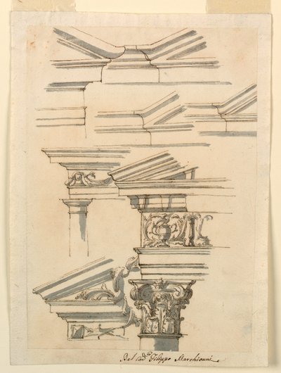 Dessin, Études pour les entablements et le fronton, vers 1770 - Filippo Marchionni