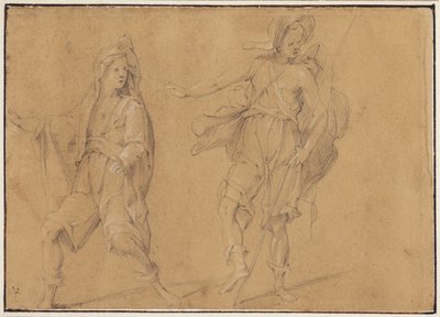 Une figure courant avec le manteau sur la tête, et un homme debout avec chapeau et bâton - Filippo Paladini