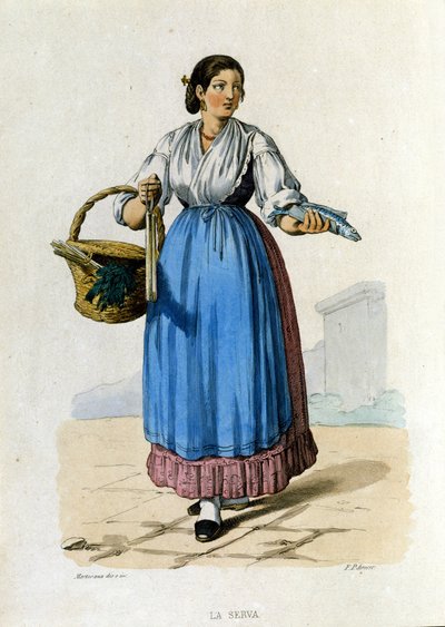 Petits métiers du Royaume de Naples : jeune servante napolitaine revenant du marché. Gravure d