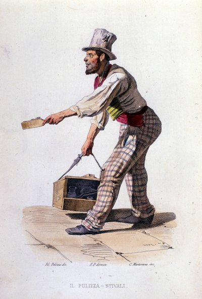 Petit commerce de la ville de Naples : le cireur de chaussures. Gravure d