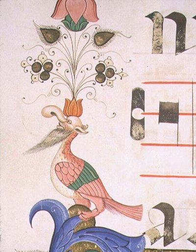 Missel 515 f.120v Oiseau grotesque avec tête humaine, détail de la bordure décorative d