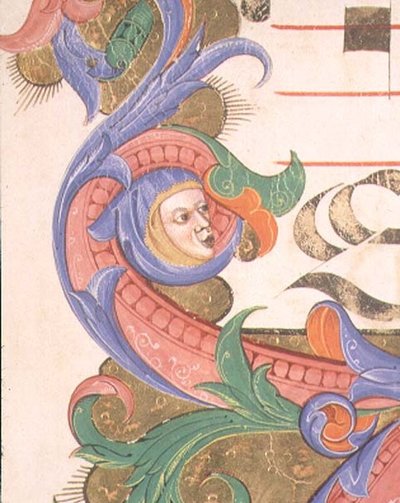 Feuillage zoomorphe avec une tête capuchonnée, détail d