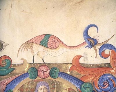 Oiseau fantastique, détail de la décoration entourant une initiale historiée d