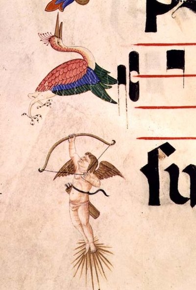 Un chérubin tirant sur une cigogne avec un arc et une flèche invisible, détail de la bordure décorative d