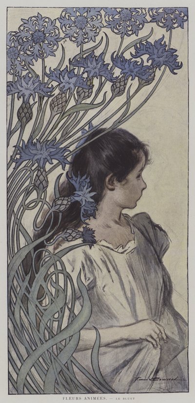 Fleurs Animées. Le Bluet. (Fleurs animées : le bleuet) (lithographie en couleur) - Firmin (after) Bouisset