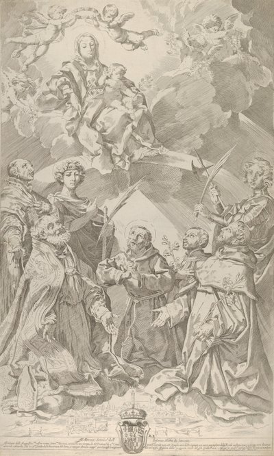 Saints patrons de Bologne regardant vers la Vierge assise dans les nuages... - Flaminio Torre