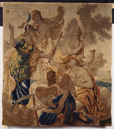 Tapisserie de Bruxelles tissée en laines et soies, représentant diverses divinités, dont Minerve, Apollon, Diane, Mercure et Cornus parmi les nuages - Flemish School