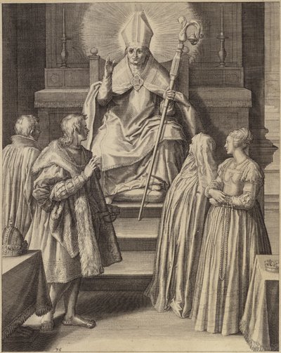 Une figure en robes épiscopales est assise sur un trône avec un halo émanant de sa tête - Flemish School