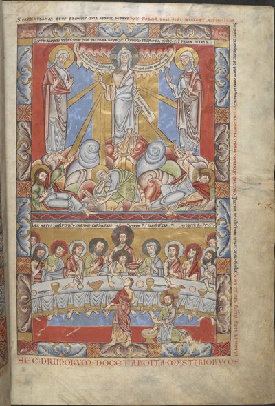 Miniature pleine page en deux registres, de la Transfiguration du Christ et de la Dernière Cène, illustrations de 