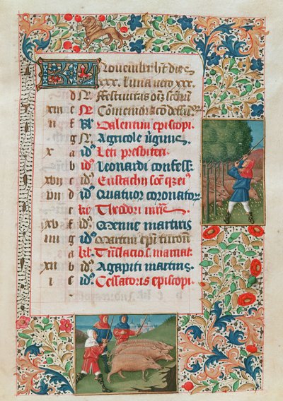 Calendrier représentant Novembre, Glands et Troupeaux de Cochons - Flemish School