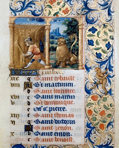 Calendrier, le mois de juillet, un paysan dans un champ de blé et le signe du lion. Page tirée d