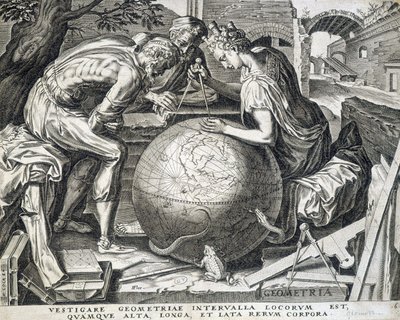 Personnages penchés au-dessus du globe avec compas (allégorie de la géométrie) - gravure, Flandres - Flemish School