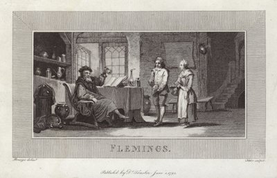 Flamands. Gravure de serviteurs et maître. - Flemish School