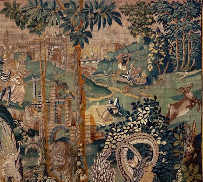 Tapisserie flamande. Paysage avec pergola et grands animaux, avec 2 colonnes. Atelier d