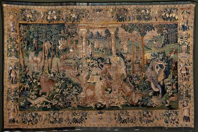 Tapisserie flamande. Paysage avec pergola et grands animaux, avec 2 colonnes. Atelier d