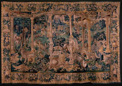 Tapisserie flamande. Paysage avec pergola et grands animaux. Version avec pergola étendue. Atelier d