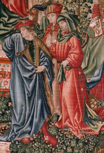 Tapisserie flamande. Série Rédemption humaine ou Vices et Vertus. Les Vertus défient les Vices lorsque le Christ commence son ministère. Sixième tapisserie de la série (troisième de celles conservées à P - Flemish School