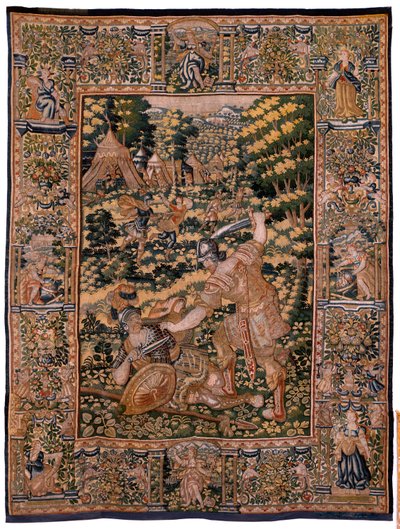 Tapisserie flamande. Série Histoire de Cyrus. N° V Combat entre deux guerriers et la mort de Cyrus. Anonyme, basé sur Michiel Coxcie. Atelier Anvers. Soie et laine. Vers 1590. - Flemish School