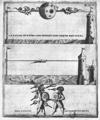 Comment faire un nuage artificiel, illustration de Tratado de Artilleria par Diego Ufano, Bruxelles, 1613 - Flemish School