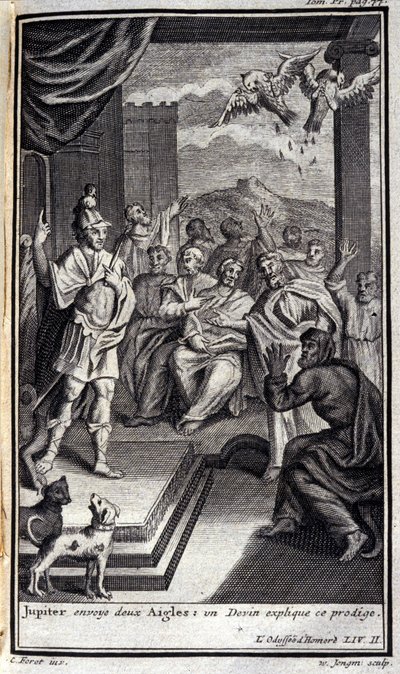 Jupiter envoie deux aigles : un devin explique ce prodige. Illustration pour le livre II de l