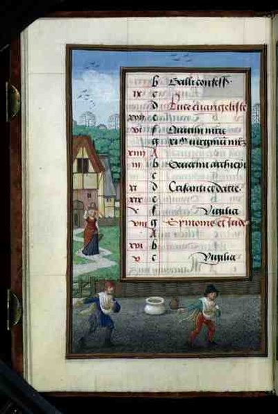 Deux hommes semant du maïs, page de calendrier illuminée pour octobre, d