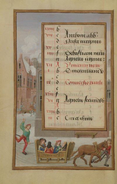 Ms 1058-1975 f1v Scène de rue dans la neige, page de calendrier illuminée pour janvier, d
