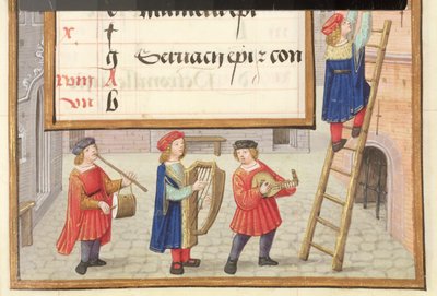 Ms 1058-1975 f.5r Musiciens dans une rue pavée, détail d