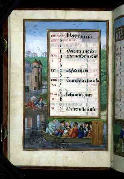 Une partie de bateau sur une rivière, page de calendrier illuminée pour mai, d