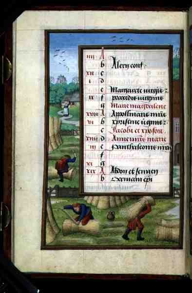 Reliure et Transport de Gerbes, page de calendrier illuminée pour juillet, d