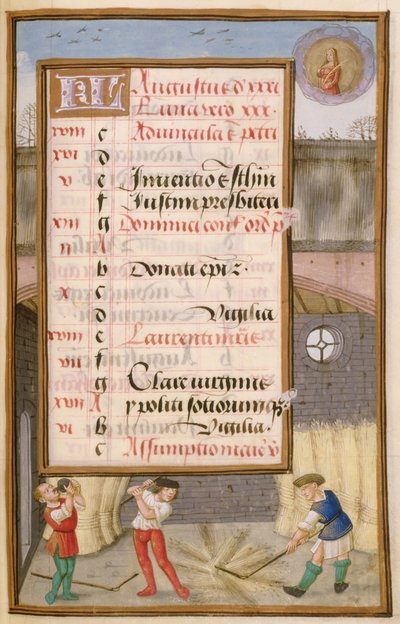 Ms 1058-1975 f8r Battage du maïs dans la grange, page de calendrier illuminée pour août, d