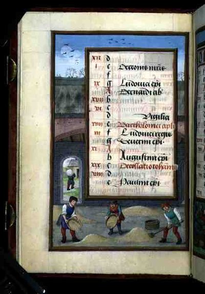 Ms 1058-1975 f8v Vannage du maïs dans une grange, page de calendrier illuminée pour août, d
