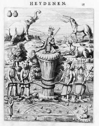 Samudramathana, avec la participation de Deva (Surya, Shiva, Vishnu, Brahma) avec des démons et des montures. Selon Baldaeus Philippus Afgoderye der oost-indische Heydenen. Amsterdam 1672 - Flemish School