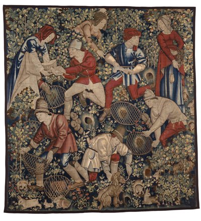 Tapisserie représentant des paysans chassant des lapins avec des furets, Tournai, c.1450-75 (laine) - Flemish School