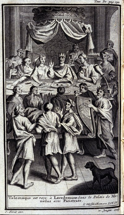 Télémaque est reçu à Lacédémone dans le palais de Ménélas avec Pisistrate. Illustration pour le livre IV de l