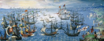 Le lancement des brûlots anglais sur la flotte espagnole au large de Calais avec la reine Élisabeth I (1533-1603) à cheval sur le rivage, la nuit du 7 août 1588, c.1605 - Flemish School