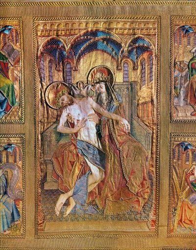 Trône de la Miséricorde, parrain tenant le fils à genouxAltar antependium des ornements de messe bourguignons ... (broderie sur lin, fils d
