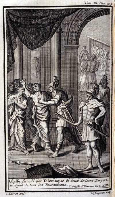 Ulysse secondé par Télémaque et deux de leurs bergers dispersent tous les poursuivants. Illustration pour le livre XXII de l