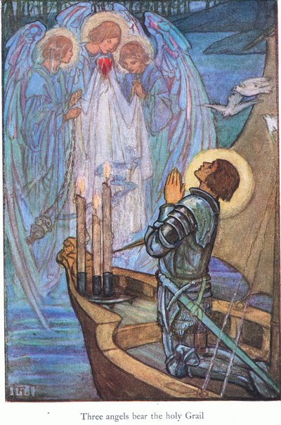 Trois anges portent le Saint Graal (Sir Galahad) (lithographie couleur) - Florence Harrison