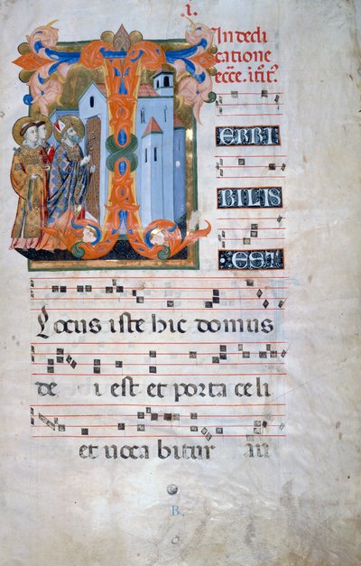 Initiale enluminée avec un évêque bénissant une église (Corale 2, c. 1), pour le livre de chœur 2 de Santa Maria degli Angeli - Florentine School