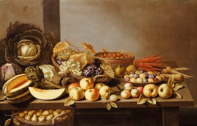 Bols de fruits et de noix sur une table en bois avec un panier de poires en dessous - Floris Gerritsz van Schooten