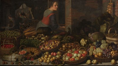 Nature morte avec fruits et légumes, avec le Christ à Emmaüs en arrière-plan - Floris Gerritsz van Schooten