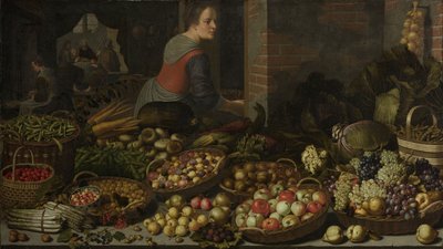 Nature morte avec fruits et légumes, avec le Christ à Emmaüs en arrière-plan, vers 1630 - Floris Gerritsz van Schooten