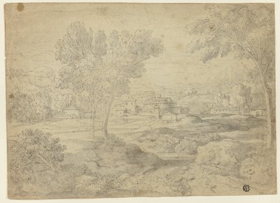 Paysage italianisant avec bâtiments - Follower of Nicolas Poussin