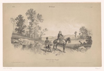 Femme à cheval avec homme et enfant dans un paysage - Fortuné Ferogio