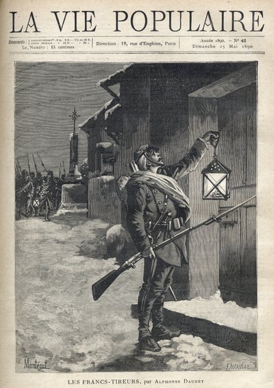 Un soldat, portant tout son barda, un fusil à baïonnette et agitant une lanterne devant la porte fermée d