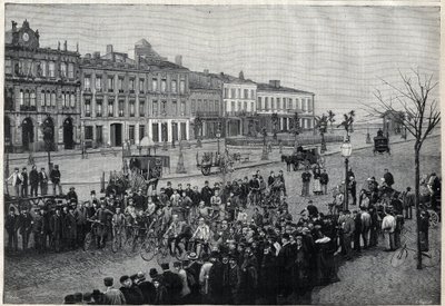Départ de la course cycliste Bordeaux-Paris en 1891 - gravure par Meaulle de 1891 - Fortune Louis Meaulle